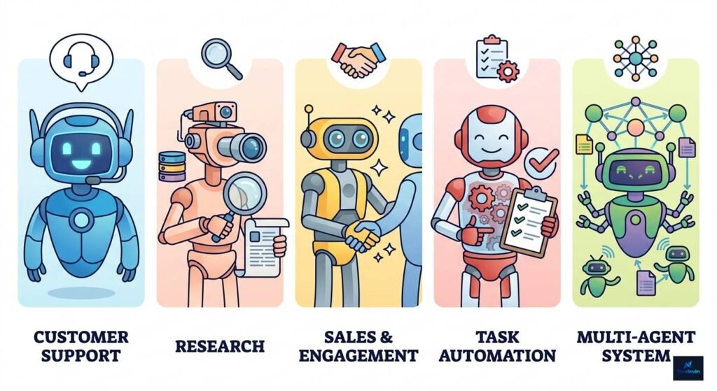 Five illustrated robot icons in a grid, each representing a different type of AI agent — one with a headset