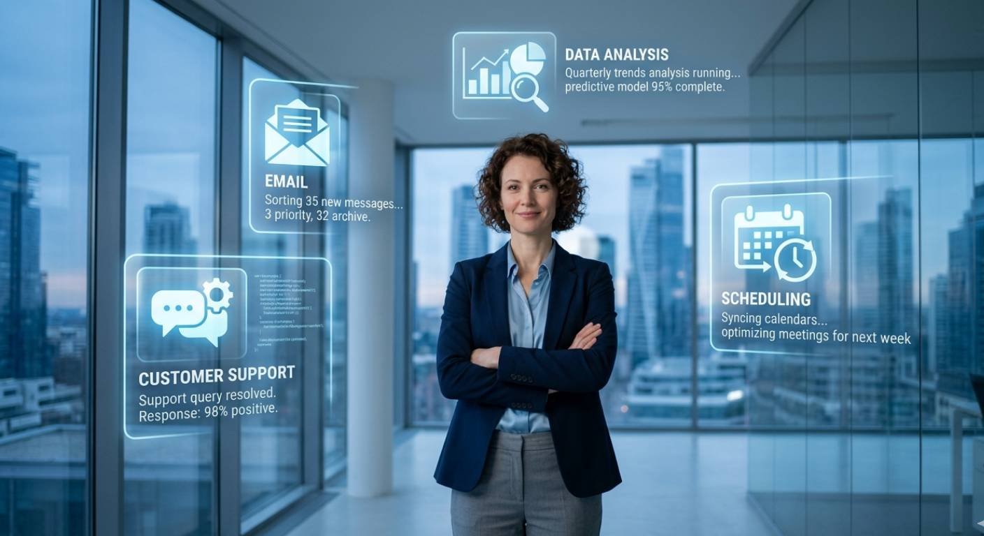 A confident business professional standing in a modern office,
