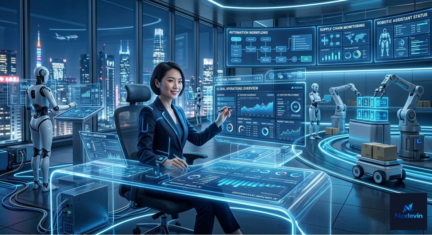 A futuristic digital workspace where a confident entrepreneur sits at a glowing holographic desk, surrounded by AI dashboards,