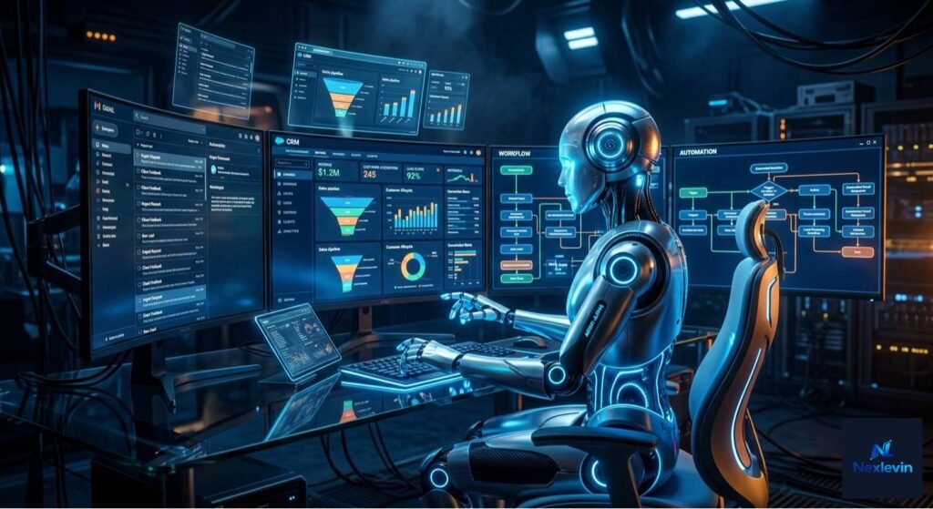 A glowing AI robot agent sitting at a futuristic computer workstation, managing multiple screens showing CRM dashboards, , c
