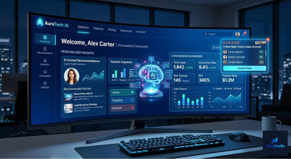 A sleek modern website displayed on a large screen with glowing AI elements, personalized content sections
