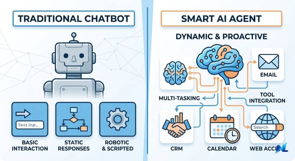 A split image showing a traditional chatbot on one side (basic, static, robotic) versus a smart AI agent