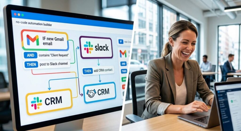 A split screen showing a no-code automation builder on the left with colorful drag-and-drop blocks connecting apps like Gmail, Slack, and CRM